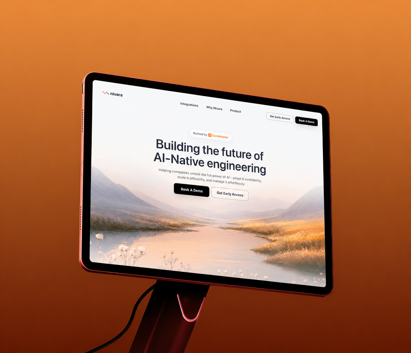 Site d'ingénierie IA présenté sur un écran orange