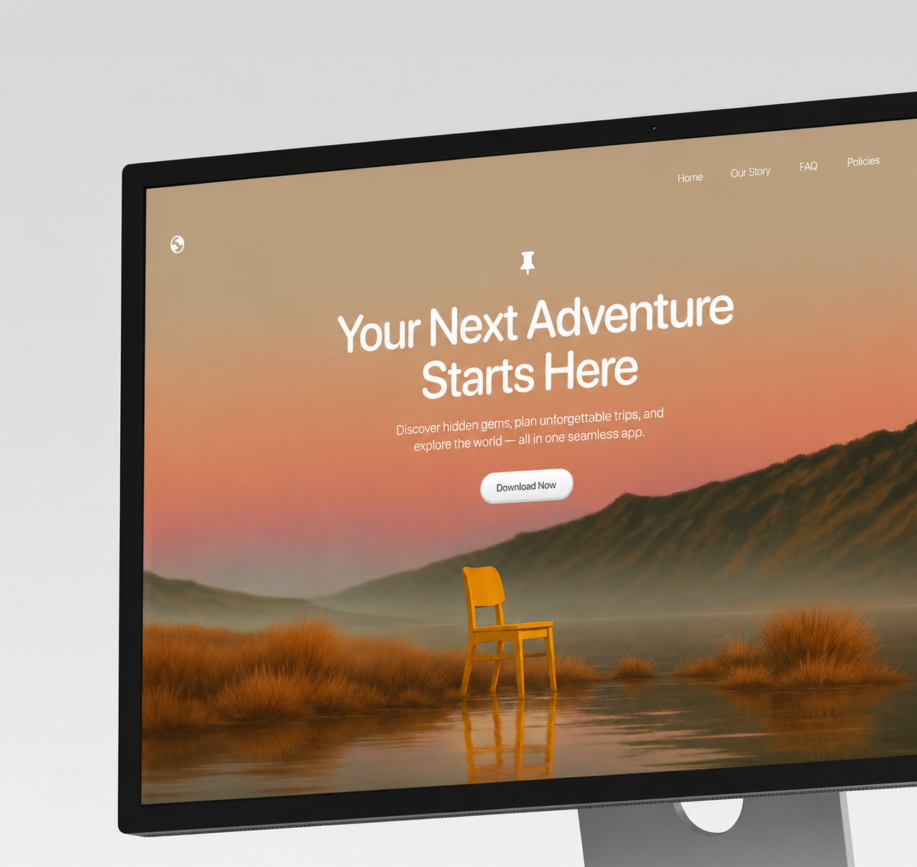 Landing page aventure présentée sur un écran desktop